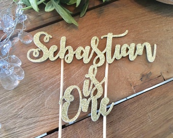 Gold Glitter Personalized One Cake Topper, Gold glitter cake topper, First birthday cake topper.