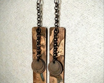 Sale! Brass Bar Earrings / Patina Brass Earrings / Brass & Chain Earrings Brass Jewelry - FREE Shipping!