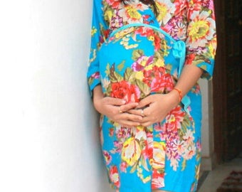 Blue Maternity robe delivery & feeding, child birth, Pregnancy and Labor, bridal shower gift, wrap around robe