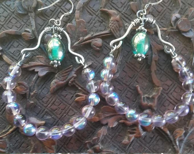 Fire Polished Dark Lavender and Dark Aqua Glass Beads in an Unusual Sterling Setting
