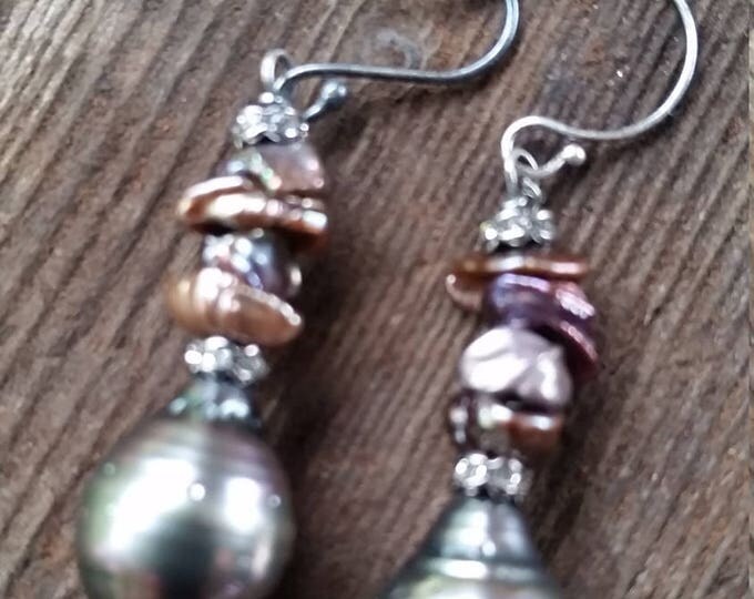 Gray/Pink Tahitian Pearl Earrings. Sterling Silver Setting with Keishi Pearls and Rhinestone Rondelles