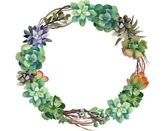 Watercolour Succulent Flower Wreath Clip Art Digital Download PNG Vector AI High Resolution Q65