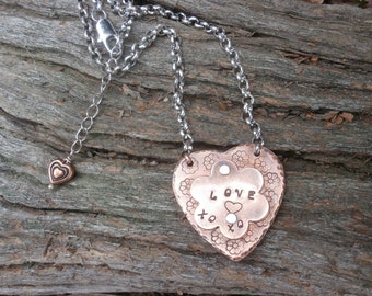 Copper Heart and Flower Necklace, Hand Stamped Jewelry, Riveted Jewelry