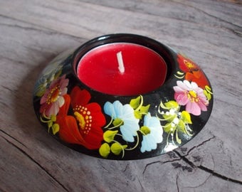 Candle holder wood tea light holder hostess gift red poppies home decor rustic painted flowers art poppy protection home luck centerpiece