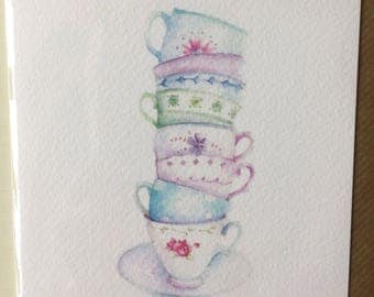 Pile of Tea Cups taken from an Original Watercolour / Notelets / Birthday Cards / Thank You Cards / Blank Cards