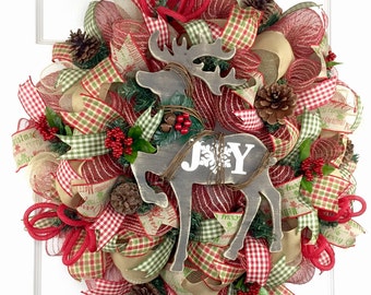 Reindeer Mesh Wreath / Primitive Mesh Wreath / Christmas Mesh Wreath / Holiday Mesh Wreath / Rustic Mesh Wreath / Front Door Wreath