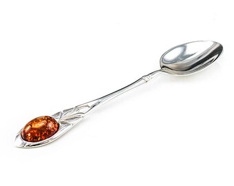 Natural amber silver spoon, 925 sterling silver, natural amber