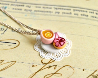 Handmade miniature teacup and donut necklace - miniature food jewelry, tea necklace, tea jewelry
