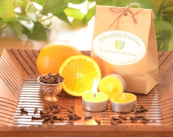6 Orange Clove Organic Beeswax Tealights with Essential Oils