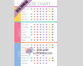 Size Chart for Consultants - Customer Punch Card for Clothing Sizes and Styles