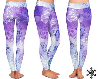 LEGGINGS - Sugar Skull Purple leggings, Skull Leggings, Water Color leggings, purple, blue, Skull yoga pants Purple Skull Leggings