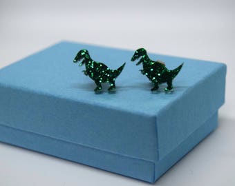 Emerald Glitter T-Rex Earrings, Handmade Ear Studs, Cute Stud Earrings, Cute Gifts, Dinosaur Jewellery