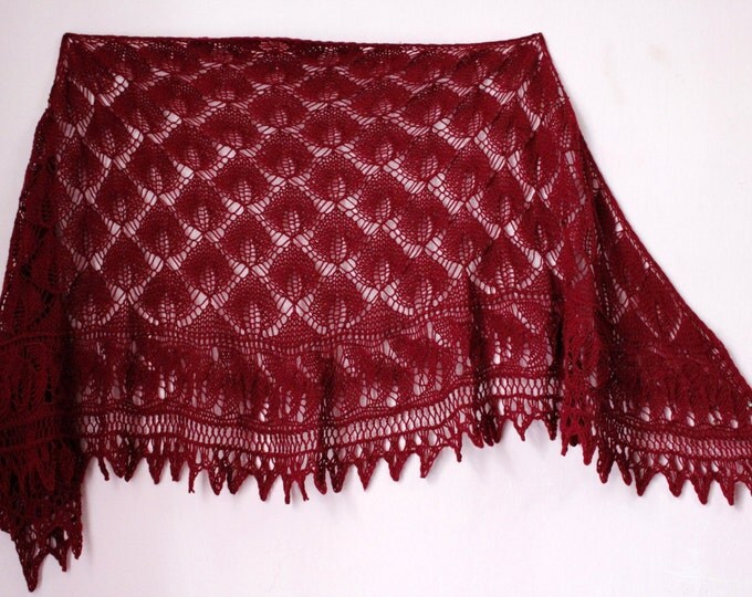 knitted scarf, knit shawl, crochet shawl, maroon shawl, cashmere shawl, crochet scarf, hand knit, scarf in the form of a crescent