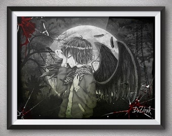 Depressive art BW print Noise art Sad boy Black wings Black feathers Male tears Sorrow Dark art Despair Suffering Sadness Depression Crying