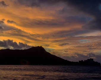 Photography Print- Landscape, Nature, Sunrise view from Waikiki of Diamond Head Mountain in Hawaii