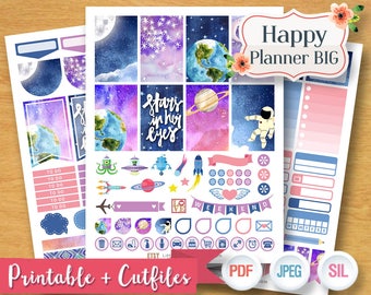 2017 2018 Space Ship Galaxy Fly to the Moon Weekly Planner Stickers Digital Planner Kit Sticker Printable BIG Happy Planner Instant Download