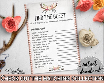 Antlers Flowers Bohemian Bridal Shower Find The Guest Game in Gray and Pink, party icebreaker, boho rustic shower, party plan - MVR4R