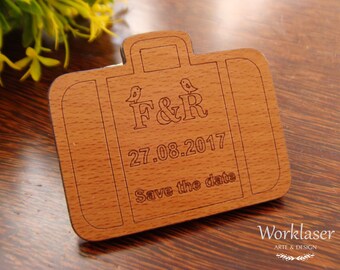 Bag Save the Date Magnet, Custom Engraved Save the Date, Wood Save the Date, Rustic Save the Date, Wedding Favors, Wood Magnet, Travel