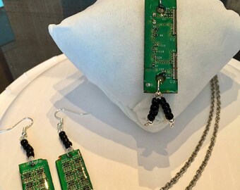 Circuit board necklace and earrings