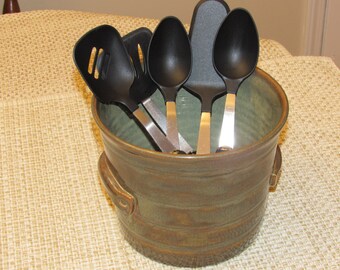 Pottery Utensil Holder/Brown/Wheel Thrown/Hand Made/Signed and Stamped