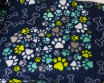 Blue Green Paw Prints and Bones Fleece Dog Blanket-Handmade Dog Blanket-Heart-bones-Pawprints-Puppy Blanket-Cute Blue and Green K9 blanket