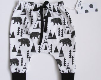 Baby boy harem pants, toddler harem pants - Bear print - organic, baby boy pants, organic pants, harem pants