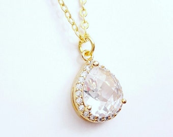 Crystal bridal necklace pendant CZ, wedding cubic zirconia necklace, Crystal jewelry, Teardrop pendant, Bridal necklace,BJ005