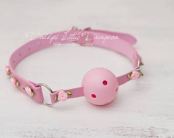 DDLG Pretty Pink BDSM Bondage Ball Gag Bit Flowers Roses Sub Girly Sub Daddys Little Girl Kawaii ABDL Sissy Master Kinky Fetish Freak mature