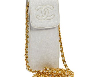 Chanel Vintage Authentic CC Logo Chain Shoulder Bag Phone Case Cross Body Purse White Gold Caviar Leather YG00893