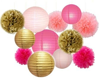 Set of 12 Mixed Gold Pink Fuchsia Party Tissue Pom Poms Pompoms Paper Lantern Baby Shower Birthday Wedding Hanging Decoration