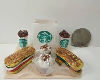 Miniature Starbucks Submarine Sandwich and Cupcakes Tray Display for Dollhouse