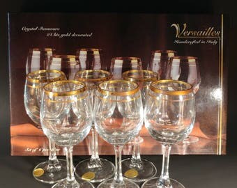 24 Karat Gold Rimmed Wine Glasses Made in Italy, Excellent Condition with Box