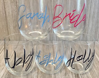 Bridal Party/Bachelorette Stemless Wine Glasses/ Custom Wine Glasses
