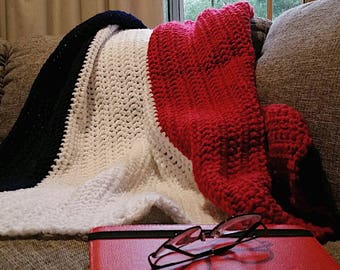 100% Handcrafted Crochet Throw Rug Red/White/Navy
