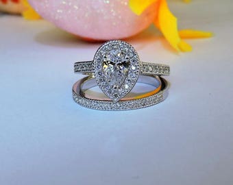 Art Deco Engagement Ring Set, Silver Wedding and Bridal Ring Set.