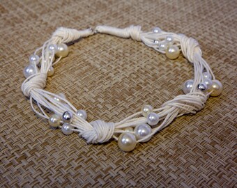 White Pearl Linen Necklace Wedding Jewelry Bridal Organic Gray Silver Summer Fashion