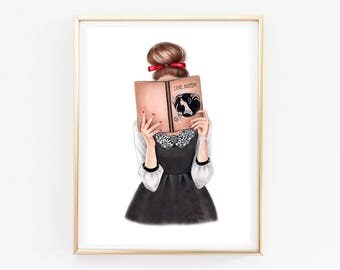 Wall art print Reading girl art Reading illustration Fashion girl art Books lover gift Vintage Illustration Pencil Drawing Fashion Print