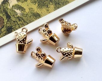 Tiny Gold Dipped Cactus Charm 15x11mm metal prickly pear, botanical little trinket #112