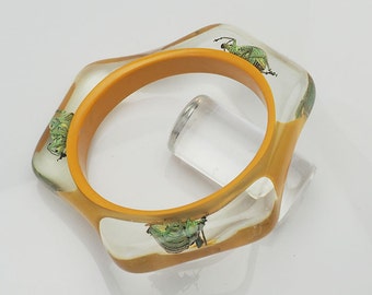 Funky yellow lucite triangle bracelet with real beetles