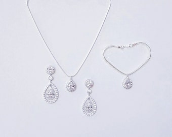 Silver Bridal Earrings Wedding Earrings Crystal Teardrop Earrings Pendant Bracelet Necklace Crystal Embellished Earrings
