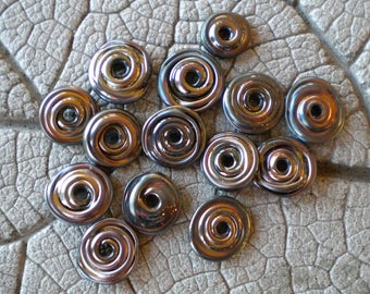 Freeform Organic Metallic Black Disks Lampwork Beads by Cherie Sra R114 Flameworked Spacer Beads Metallic Black Random Disk Glass Beads