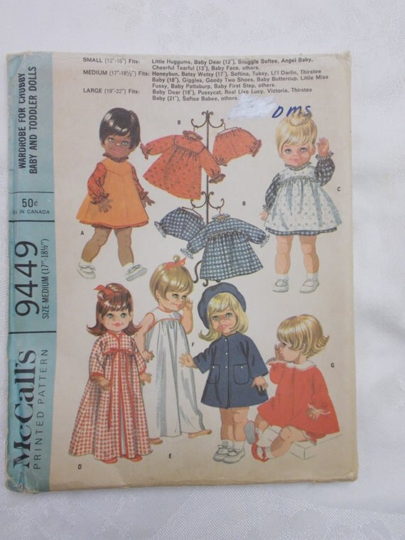 Vintage Doll Clothes Pattern McCalls 9449 17-18 Inch Doll