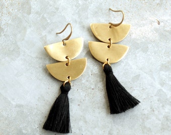 Chandelier Tassel Earrings, Black Tassel and Brass Crescent