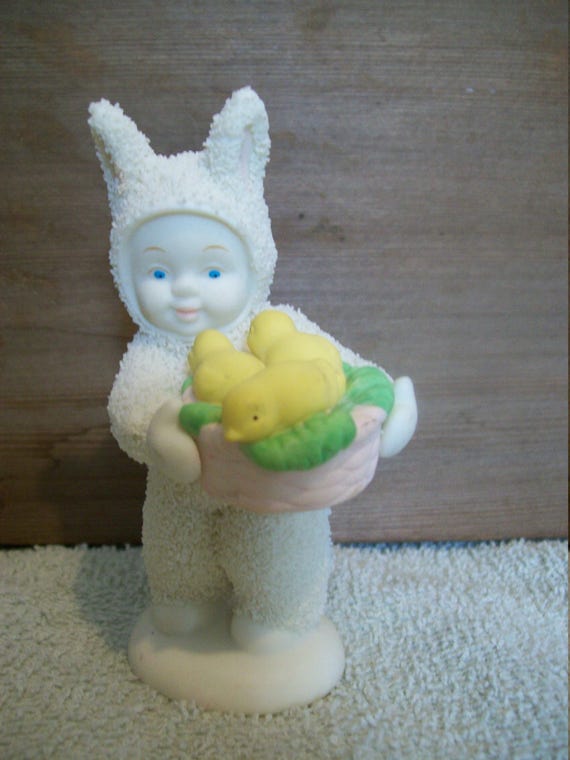 Bunny with a basket of ducks, Basket of Joy, Snow figure, winter figure, Easter, Christmas, Spring, gift, home decor, holiday decor,