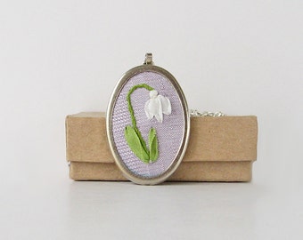 Snowdrop necklace, January birthday gift, silk ribbon embroidery jewelry, spring flower necklace