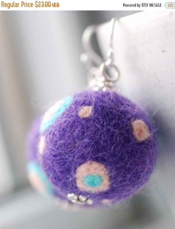 Felted Wool Earrings Plum Purple and Aqua by WildWomanJewelry
