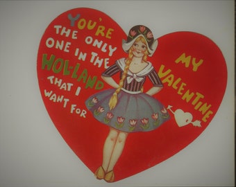 Vintage 30s Valentine Card Heart Dutch Girl Die Cut 1933 Sweetheart Ephemera Scrap Book