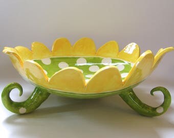 whimsical colorful pottery Serving Dish with curly legs, bright sunny yellow & lime green ceramic flower Fruit Bowl