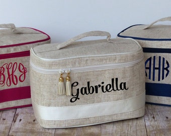 Monogrammed Linen Train Case, Personalized Cosmetic Bag, Toiletry Bag, Makeup Bag, Toiletry Kit, Bridesmaid Gift