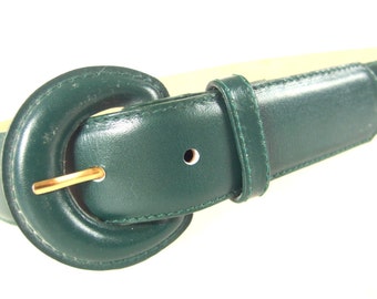 Vintage 1980's Belt, Dark Green Leather Belt, Modern Size 8 to 12, Small to Medium